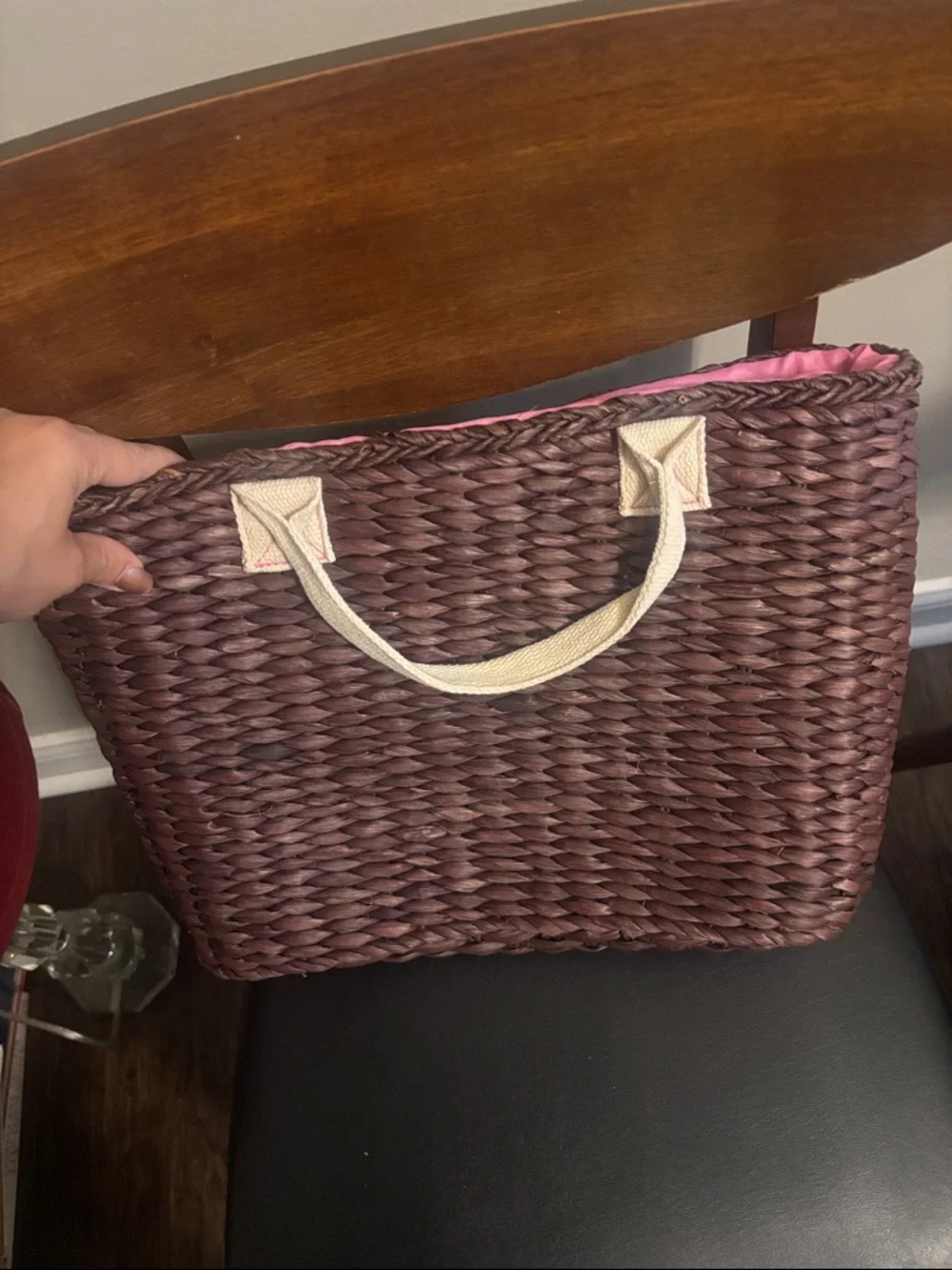 Life is Good Straw Tote Bag in Brown with Pink Lining